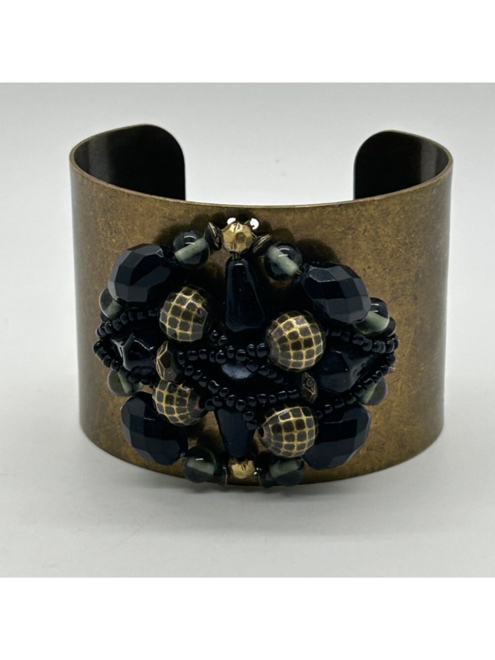 Vintage Brass Wide Cuff Bracelet Black Gold Beaded Cluster Boho Statement - Picture 10 of 11